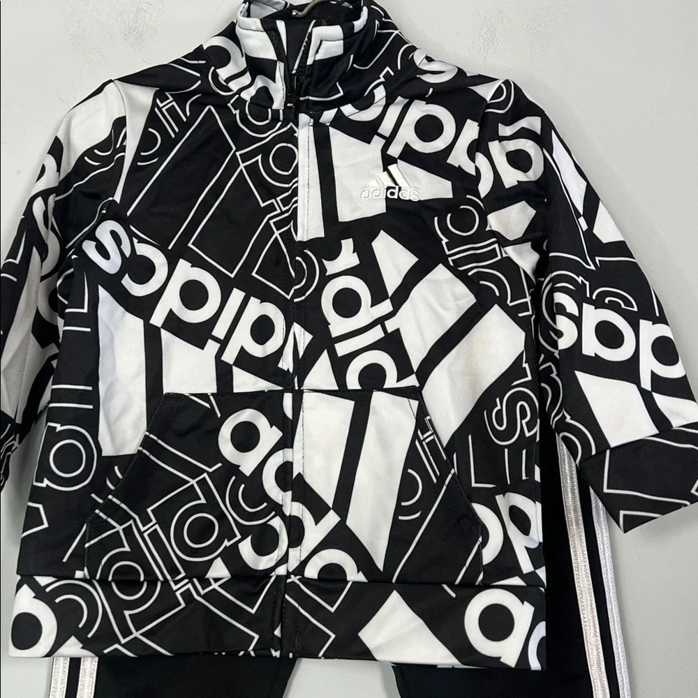 Adidas Kids Monochrome Graphic Black White Matching Tracksuit Jacket Pants 12 Mo